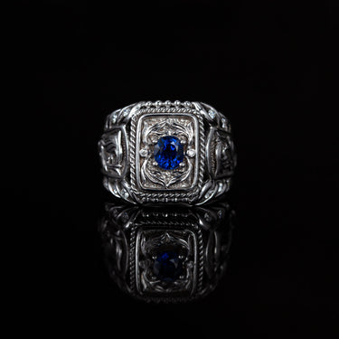 18k white gold men's signet ring with 0.80ct natural blue sapphire and diamond accents